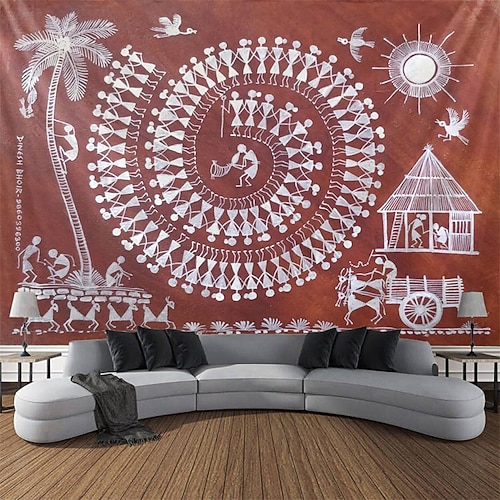 

Gemälde von Warli-Kunst, hängender Wandteppich, großer Wandteppich, Wanddekoration, Fotografie, Hintergrund, Decke, Vorhang, Zuhause, Schlafzimmer, Wohnzimmer, Dekoration