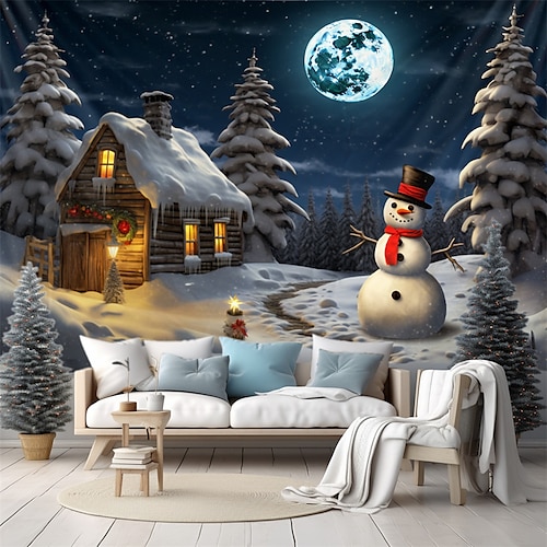 

Navidad muñeco de nieve casa colgante tapiz arte de la pared Navidad gran tapiz mural decoración fotografía telón de fondo manta cortina hogar dormitorio sala de estar decoración