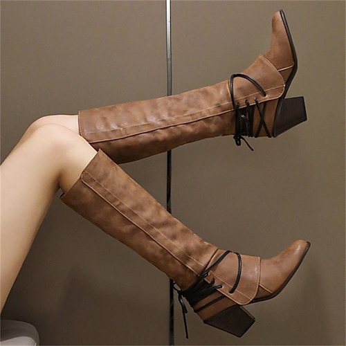 

Femme Bottes Bottes Moto Bottes de travail Bottes Cavalières Extérieur du quotidien Bottes genou Lacet Talon Plat Bout rond Rétro Vintage Décontractées Minimalisme Faux Cuir Fermeture Couleur unie