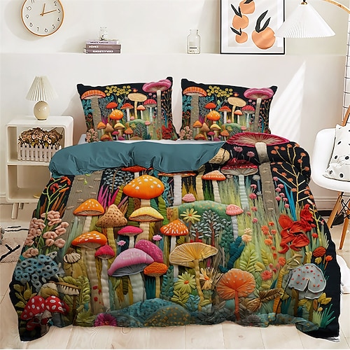 

Juego de funda nórdica con patrón de arte popular mexicano de bosque de setas, juego de cama de lujo suave de 3 piezas, regalo para decoración del hogar
