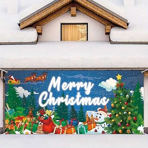 

Christmas Outdoor Garage Door Cover Gifts Xmas Snowman Door Banner Party Large Door Mural Christmas Backdrop Decoration for Holiday Home Wall Decorations