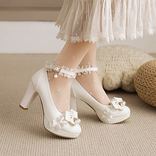 

Mujer Tacones Zapatos De Vestir Mary Jane Lolita Boda Fiesta Oficina Pajarita Perla de Imitación Tacón Cuadrado Dedo redondo Elegante Vintage Estilo lindo Cuero Sintético Tira de tobillo Negro Blanco