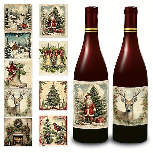 

9pcs, Christmas Party Wine Bottle Sticker For Wine Bottle Cup Decoration, Christmas Glass Labels Stickers, Luxury Wine Labels Accessories Stickers With For Christmas Party Decoration