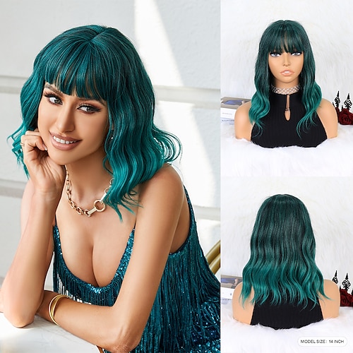 

Cosplay Kostüm Perücke Synthetische Perücken Locken Wellen Bob Bubikopf Gerader Pony Maschinell gefertigt Perücke 14 Zoll Schwarz / Dunkelgrün Synthetische Haare Damen Grün