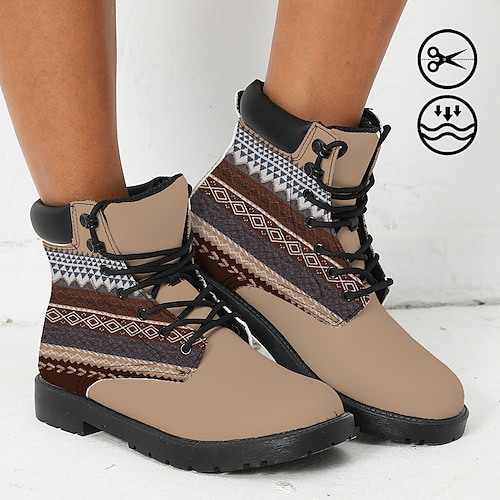 

Women's Boots Print Shoes Combat Boots Plus Size Outdoor Daily National Totem Booties Ankle Boots Winter Flat Heel Round Toe Closed Toe Fashion Casual Faux Leather Lace-up Pink Purple Brown