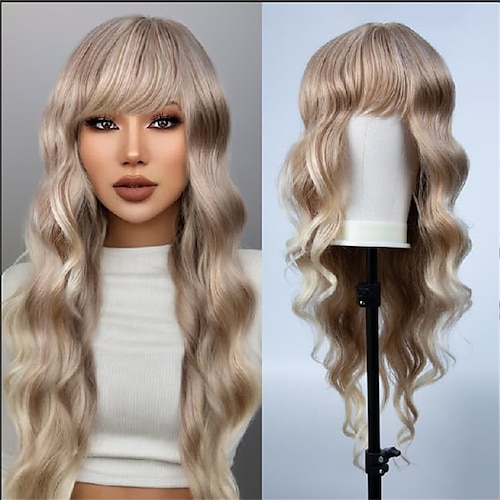 

Ombre Blonde Wigs with Bangs Long Wavy Wig with for Women 26 inch Synthetic Water Wave Wigs Heat Resistant Wig Highlight Blonde Wigs