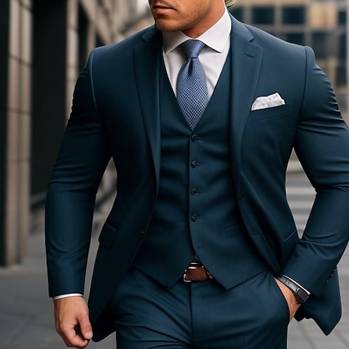 

Blue Men's Wedding Suits Solid Colored 3 Piece Tailored Fit Single Breasted Two-buttons 2023