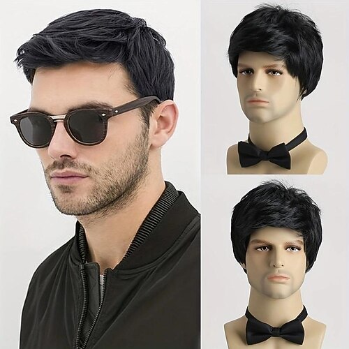

1 Stück Herren-Perücke, elegant, trendig, gutaussehend, natürlich schwarz, kurzes lockiges Haar, tägliches Tragen, Perückenkopfbedeckung