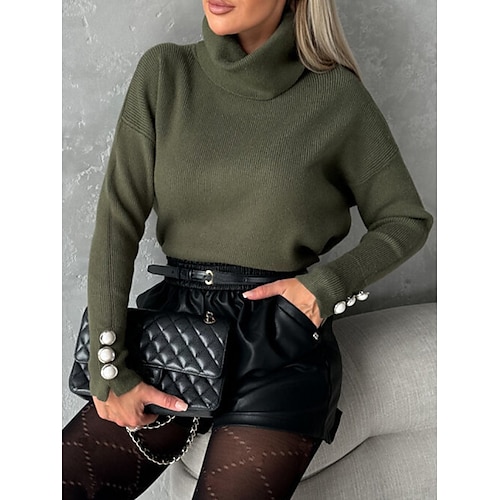 

Women's Pullover Sweater Jumper Turtleneck Ribbed Knit Polyester Button Knitted Fall Winter Regular Outdoor Daily Going out Stylish Casual Soft Long Sleeve Solid Color Black White Army Green S M L