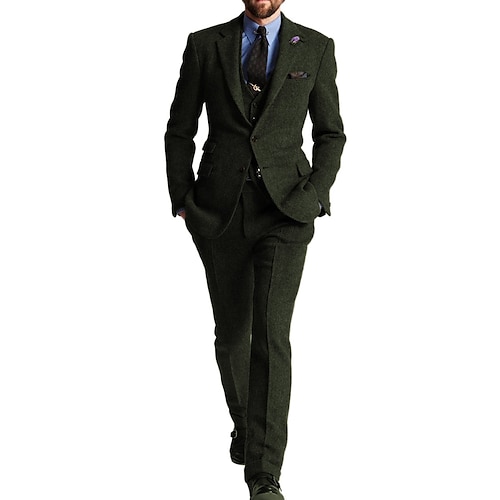 

Schwarz Braun Grün Herren Hochzeit Tweed -Anzüge Fischgrätenmuster 3-teiliges Set Retro Vintage Übergrössen Einreiher - 2 Knöpfe 2023