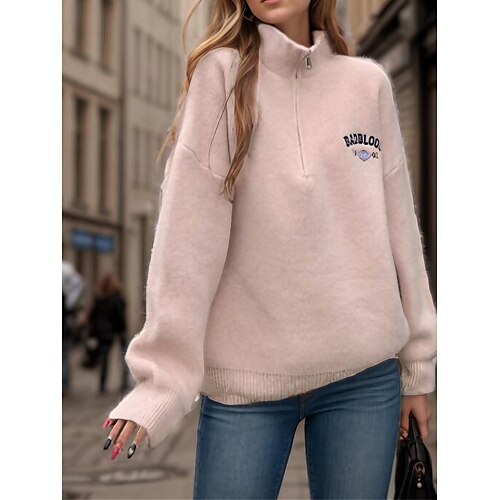 

Pull Femme Flou Tricoter Mao Polyester Brodée Zippé Automne Hiver Normal Extérieur du quotidien Sortie mode Décontractées Flexible manche longue Lettre Noir Rose Claire S M L