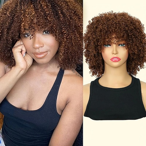 

perruque afro frisée avec frange perruques de longueur d'épaule perruque noire bouclée afro kinkys perruques de cheveux bouclés perruque synthétique perruque complète bouclée pour les femmes 12 pouces