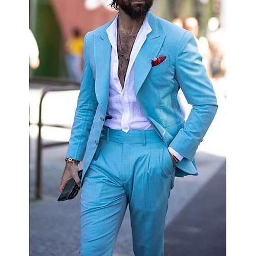 

Costume Homme Mariage Ensemble 2 pièces Bleu Clair Couleur Pleine Grandes Tailles Droit deux boutons 2023