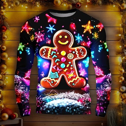 

Snowflake Gingerbread Pattern Gingerbread Man Daily Outdoor Casual Men's 3D Print Funny T Shirts Party Casual Holiday T shirt Black Long Sleeve Crew Neck Shirt Spring & Fall