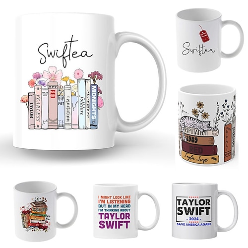 

Caneca de café swiftea - álbum engraçado e fofo do cantor - borda rosa e interior - presente para mulheres e fãs de meninas, caneca com pôster de foto da turnê eras