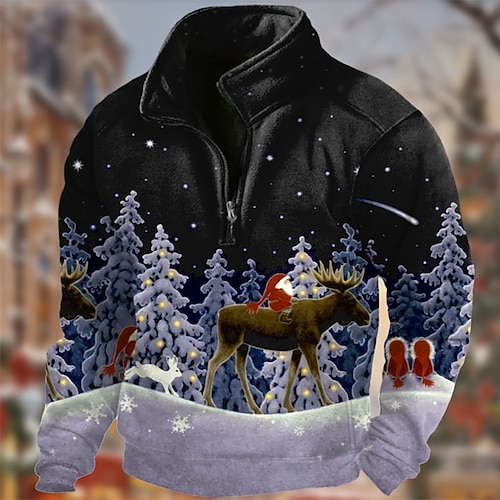 

Santa Claus Graphic Prints Men's Daily 3D Print Sweatshirt Vacation Going out Sweatshirts Navy Blue Dark Blue Long Sleeve Stand Collar Print Fleece Spring & Fall Designer Hoodie Sweatshirt