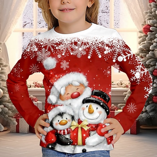 

noël fille bonhomme de neige 3d flocon de neige tee-shirt manches longues impression 3d automne hiver actif mode mignon polyester enfants 3-12 ans col rond extérieur décontracté quotidien coupe