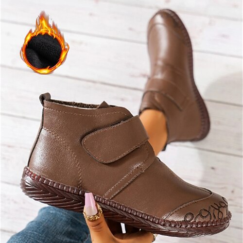 

Women's Boots Plus Size Winter Boots Daily Solid Color Fleece Lined Booties Ankle Boots Winter Flat Heel Round Toe Comfort PU Magic Tape Almond Brown