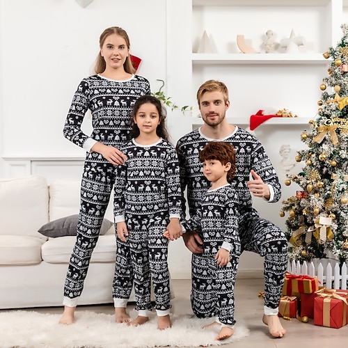 

Mirada familiar Navidad Pijamas Graphic Hogar Estampado Negro Manga Larga Trajes de mamá y yo Activo Trajes a juego