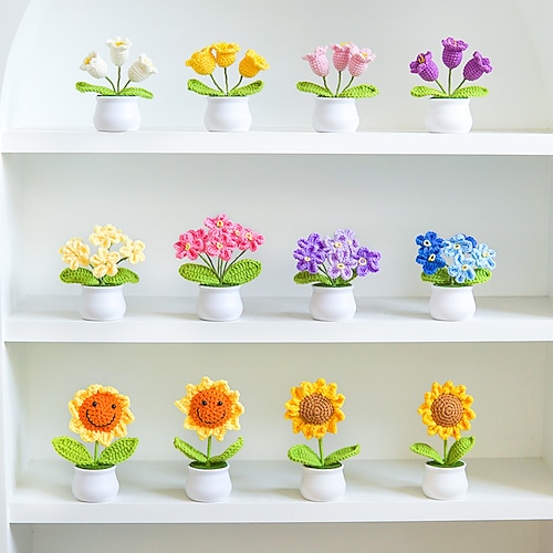 

Hand-Crocheted Small Flowers Potted Finished Home Ornaments Decoration Artificial Flower Wool Knitted Sunflower Woven Bouquet