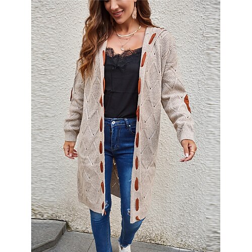 

Mujer Cárdigan Con Capucha Cable Tejer Poliéster De Punto Otoño Invierno Largo Exterior Diario Noche Moda Ropa de calle Casual Manga Larga Color sólido Caqui S M L