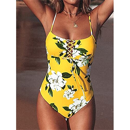 

Mulheres Roupa de Banho Uma pedaço Normal roupa de banho Frufru Estampado Floral Amarelo Maiô Fatos de banho Esportivo Roupa de Praia Férias