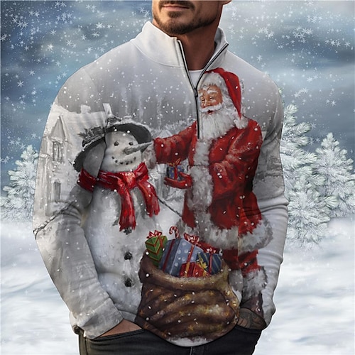 

Papai Noel Homens Casual Imprimir 3D Polo com zíper pólo de golfe Ao ar livre Casual / Diário Streetwear Natal Poliéster Manga Longa Com Zíper Camisas polo Vinho Azul Outono inverno S M L