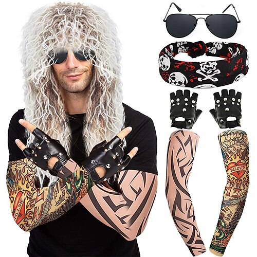 

80s Rocker Costume Wig Men Hippie Wig with Bandana Sunglasses Sleeves for 80s Punk Party Accessories