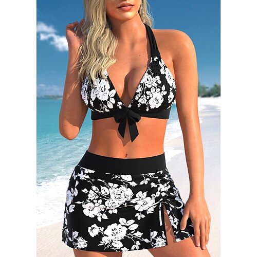 

Mulheres Roupa de Banho Biquíni 2 partes Normal roupa de banho 2 Peças Estampado Floral Preto Fatos de banho Sensual Roupa de Praia Verão