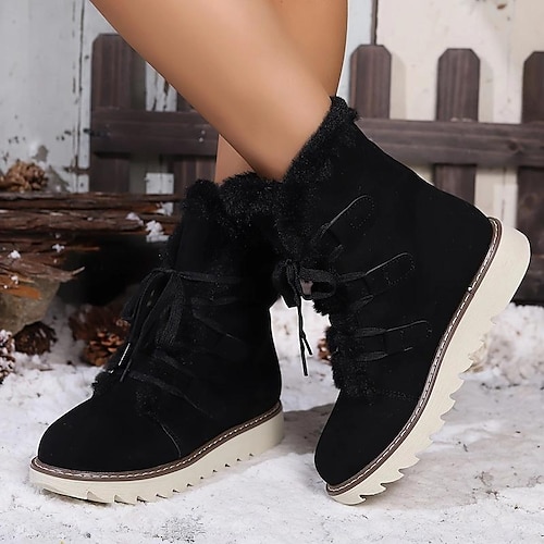 

Women's Boots Snow Boots Plus Size Daily Solid Color Fleece Lined Booties Ankle Boots Winter Flat Heel Round Toe Plush Casual Comfort Faux Suede Lace-up Black Pink Brown