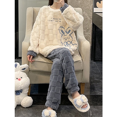

Women's Pajamas Sets Letter Bear Plush Casual Comfort Home Daily Bed Coral Fleece Coral Velvet Warm Crew Neck Long Sleeve Pullover Pant Fall Winter 3206 Pink Checkered Bear Girl 3202 Pink Checkered