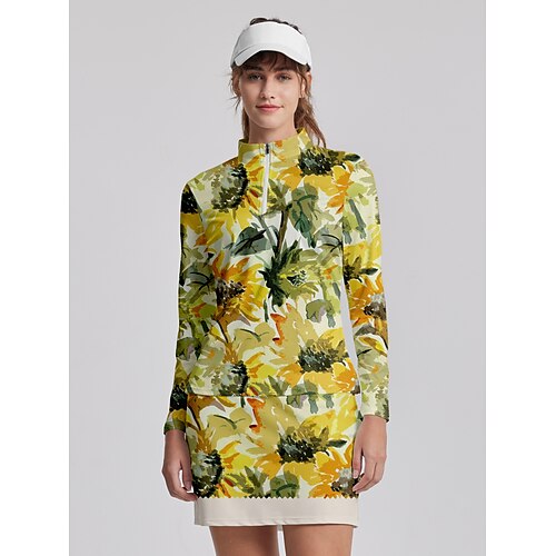 

Damen poloshirt Golfhemd Atmungsaktiv Schnelltrocknend Feuchtigkeitsableitung Langarm Golfbekleidung Golfkleidung Regular Fit Zip Stehkragen Blumen Frühling Herbst Tennis Golfspiel Pickleball