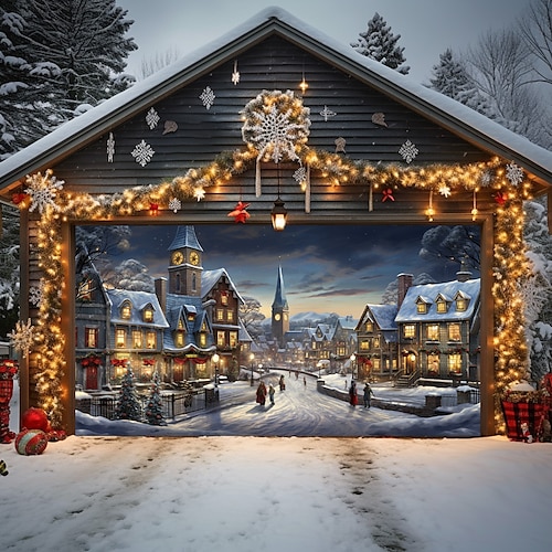 

Cubierta de puerta de garaje al aire libre de Navidad, ciudad nevada, pancarta de puerta de Navidad, mural de puerta grande para fiesta, decoración de fondo de Navidad para vacaciones, decoraciones