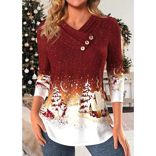 

Camisa navideña Mujer Camiseta Árbol de Navidad Vino Botón Estampado Manga Larga Fiesta Navidad Fin de semana Festival / Vacaciones Escote en Pico Ajuste regular Primavera Otoño