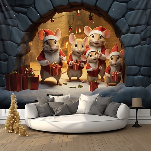 

Christmas Cute Mouses Hanging Tapestry Wall Art Xmas Large Tapestry Mural Decor Photograph Backdrop Blanket Curtain Home Bedroom Living Room Decoration