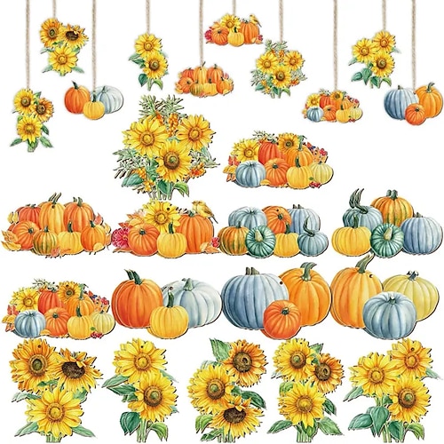 

15pcs Thanksgiving Day Wooden Sunflower Pumpkin Hanging Decoration Accessories For Party Celebration Pendant Accessories (with Rope)