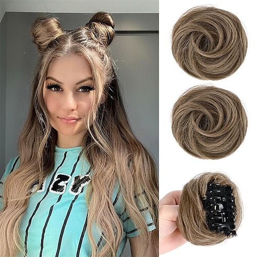 

Peças de cabelo para pãezinhos espaciais 2 unidades de clipe para pãezinhos espaciais em mini garra coque bagunçado Orelhas de gato extensões de coque de cabelo falso peruca acessório updo postiços