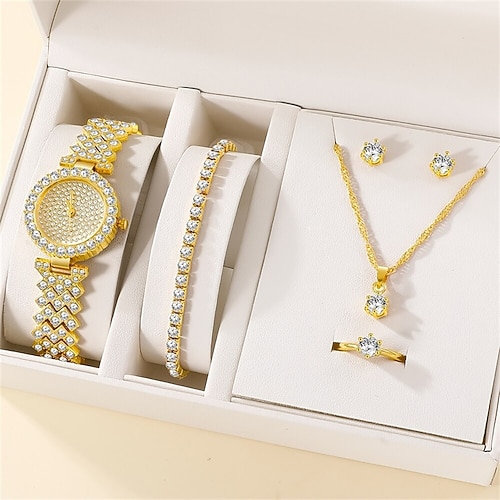 

5 pièces ensemble femmes montre bague collier boucles d'oreilles strass mode montre-bracelet femme décontracté dames montres bracelet ensemble horloge