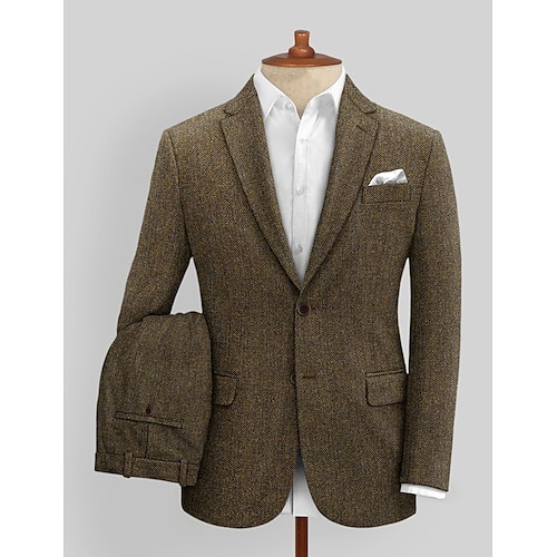 

Brown Men's Wedding Tweed Suits Herringbone 2 Piece Retro Vintage Plus Size Single Breasted Two-buttons 2023