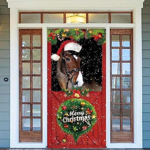 

Weihnachts-Pferd-Tier-Weihnachts-Türabdeckungen, Türteppich, Türvorhang, Dekoration, Hintergrund, Türbanner für Haustür, Bauernhaus, Weihnachten, Urlaub, Party-Dekoration