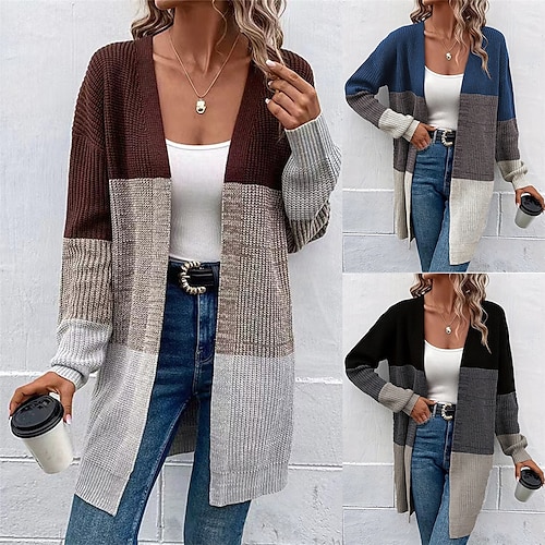 

Women's Cardigan Open Front Ribbed Knit Polyester Knitted Fall Winter Long Outdoor Daily Going out Fashion Streetwear Casual Long Sleeve Striped Wine Red Black Blue S M L