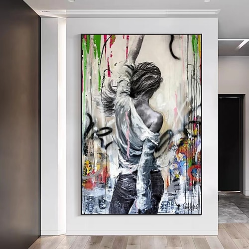 

Arte de graffiti callejero grande, pintura en lienzo de mujer abstracta moderna, cuadros pintados a mano, arte de pared, sala de estar, decoración del hogar, lienzo enrollado moderno sin marco