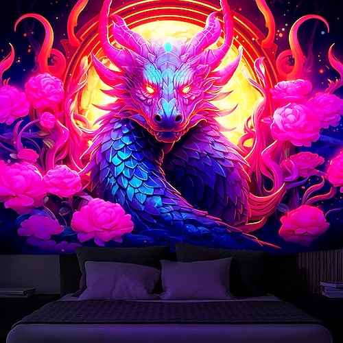  blacklight billedvev uv reaktiv glød i mørket glød party neon trippy tåkete drage dyr hengende billedvev veggkunst veggmaleri for stue soverom