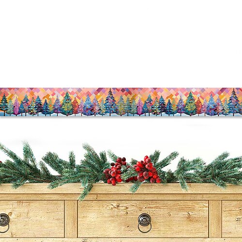 

Borda de papel de parede de planta de natal colorida árvore de natal cintura rodapé casca e bastão autoadesivo pvc/vinil moderno decalque de parede à prova d'água para quarto 3,93''x94,49''