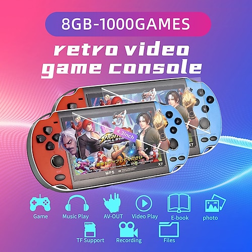 

X7 Handheld Game Consoles Built in 2000 Free Games 8GB RAM 4.3 Inch Screen Double Rocker,Support TV Output,Music/Movie/Camera Audio and Video MP3,MP4, MP5, Birthday Gift for Kids