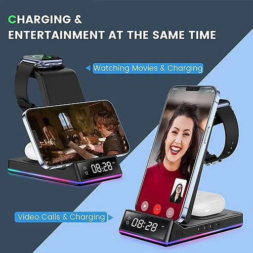 

Support de chargeur sans fil pliable 5 en 1 15w, station de charge rapide avec horloge led rvb, pour iphone samsung galaxy watch 5/4 s22 s21