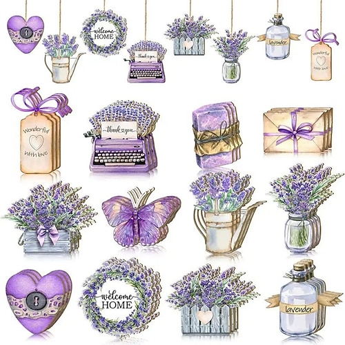 

24 peças de madeira romântica roxa lavanda borboleta flor coração acessórios de decoração pendurados para aniversário dia dos namorados casamento decoração de casa