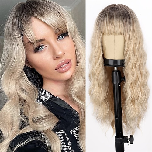 

Long Blonde Wig with Bangs Ombre Curly Blonde Wavy Wig for Women Natural Looking Synthetic Heat Resistant Fiber Wig for Daily Party Use