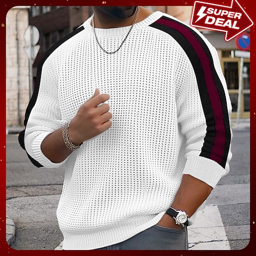 

Men's Sweater Pullover Ribbed Waffle Knit Knitted Color Block Crew Neck Keep Warm Modern Contemporary Daily Wear Going out Clothing Apparel Fall & Winter Black White M L XL