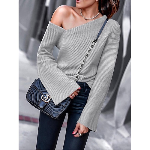 

Women's Pullover Sweater Jumper One Shoulder Ribbed Knit Acrylic Cold Shoulder Fall Winter Regular Outdoor Daily Going out Stylish Casual Soft Long Sleeve Solid Color Black Navy Blue Light Grey S M L